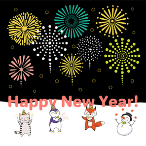Hand drawn Happy New Year 2018 greeting card, banner template with cute funny cartoon animals celebrating, fireworks in the sky, text. Isolated objects. Vector illustration. Design concept for party.