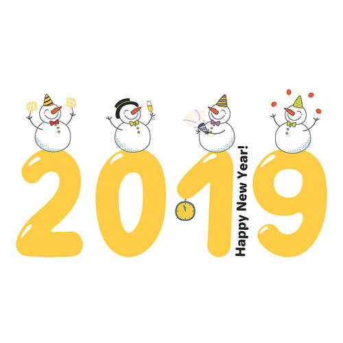 Hand drawn Happy New Year 2019 greeting card, banner template with cute funny cartoon snowmen on big numbers, celebrating, text. Isolated objects. Vector illustration. Design concept.