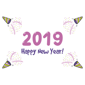 Hand drawn Happy New Year 2019 greeting card, banner template with party poppers, serpentine streamers, confetti, typography. Isolated objects. Vector illustration. Design concept party, celebration.