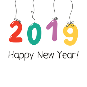 Hand drawn Happy New Year 2019 greeting card, banner template with numbers hanging on the strings, typography. Isolated objects on white background. Vector illustration. Design concept for party.