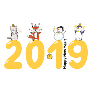 Hand drawn Happy New Year 2019 greeting card, banner template with cute funny cartoon animal on big numbers, celebrating, typography. Isolated objects. Vector illustration. Design concept for party.
