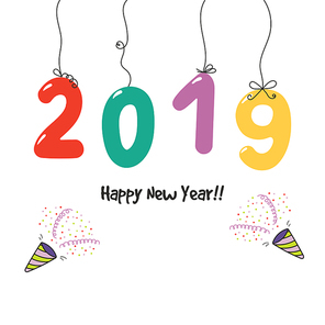 Hand drawn Happy New Year 2019 greeting card, banner template with numbers hanging on the strings, party poppers. Isolated objects on white . Vector illustration. Design concept for party.