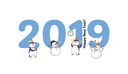 Hand drawn New Year 2019 greeting card, banner template with big numbers, cute funny cartoon penguins, snowmen celebrating, typography. Isolated objects. Vector illustration. Design concept for party.