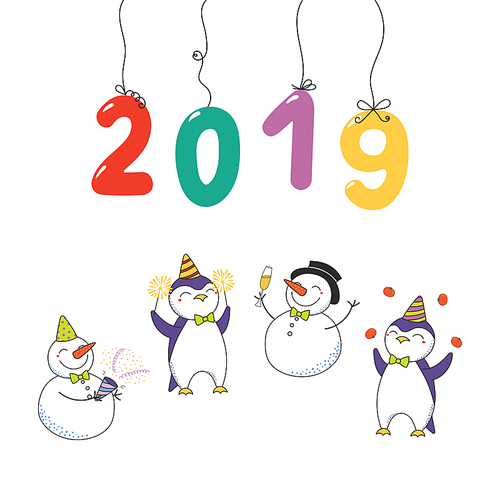 Hand drawn Happy New Year 2019 card with numbers hanging on strings, cute funny cartoon penguins, snowmen celebrating. Isolated objects on white . Vector illustration. Design concept party.