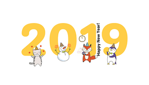Hand drawn New Year 2019 greeting card, banner template with big numbers, cute funny cartoon animals celebrating, typography. Isolated objects. Vector illustration. Design concept for party.