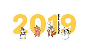 Hand drawn New Year 2019 greeting card, banner template with big numbers, cute funny animals celebrating, typography. Line drawing. Isolated objects. Vector illustration. Design concept for party.