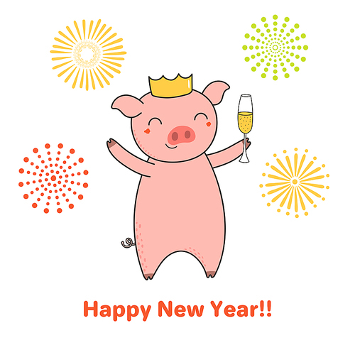Hand drawn New Year greeting card with cute funny pig with a glass of champagne, typography. Isolated objects on white . Line drawing. Vector illustration. Design concept party, invitation.