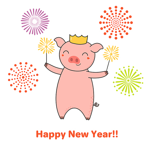 Hand drawn New Year greeting card with cute funny pig with sparklers, typography. Isolated objects on white . Line drawing. Vector illustration. Design concept for party, invitation.