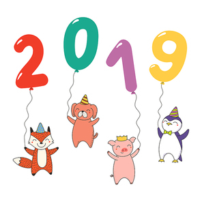 Hand drawn New Year 2019 greeting card, banner with cute funny animals holding numbers made of balloons. Line drawing. Isolated objects. Vector illustration. Design concept for party, celebration.