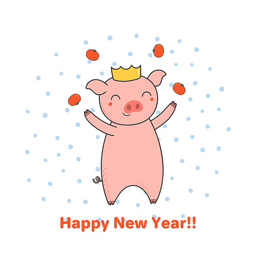 Hand drawn New Year greeting card with cute funny pig juggling tangerines, typography. Isolated objects on white . Line drawing. Vector illustration. Design concept for party, invitation.