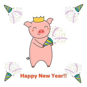 Hand drawn New Year greeting card with cute funny pig with a party popper, typography. Isolated objects on white background. Line drawing. Vector illustration. Design concept for party, invitation.