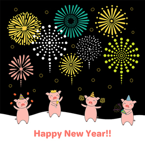 Hand drawn New Year 2019 card, banner template with cute funny pigs celebrating, fireworks in the dark sky, typography. Line drawing. Isolated objects. Vector illustration. Design concept for party.
