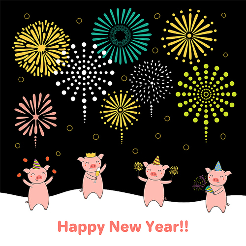 Hand drawn New Year 2019 card, banner template with cute funny pigs celebrating, fireworks in the dark sky, typography. Line drawing. Isolated objects. Vector illustration. Design concept for party.