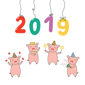 Hand drawn New Year 2019 card, banner with numbers hanging on strings, cute funny pigs celebrating. Line drawing. Isolated objects on white . Vector illustration. Design concept for party.