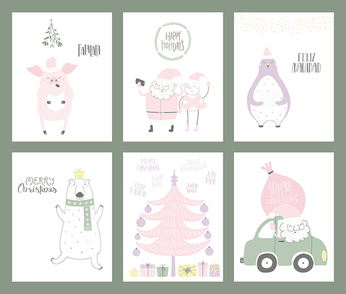 Set of Christmas cards with cute funny cartoon Santa Claus, polar bear, penguin, snowman, tree, car, typography. Hand drawn vector illustration. Flat style design. Concept for , holiday season.
