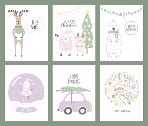 Set of Christmas cards with cute funny cartoon Santa Claus, polar bear, pig, deer, snowman, snow globe, tree, car, typography. Hand drawn vector illustration. Flat style design. Concept for .