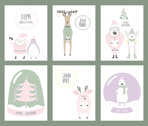 Set of Christmas cards with cute funny cartoon Santa Claus, elf, polar bear, pig, deer, penguin, snow globe, tree, typography. Hand drawn vector illustration. Flat style design. Concept for print.