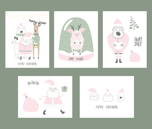 Set of Christmas cards with cute funny cartoon Santa Claus, polar bear, pig, deer, snow globe, typography. Hand drawn vector illustration. Flat style design. Concept for print, holiday season.