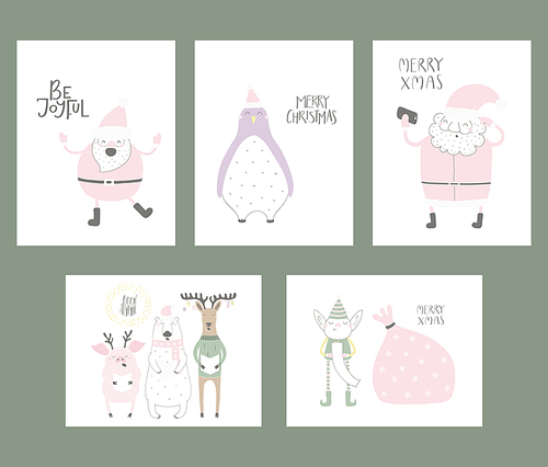 Set of Christmas cards with cute funny cartoon Santa Claus, elf, polar bear, penguin, pig, deer, typography. Hand drawn vector illustration. Flat style design. Concept for , holiday season.