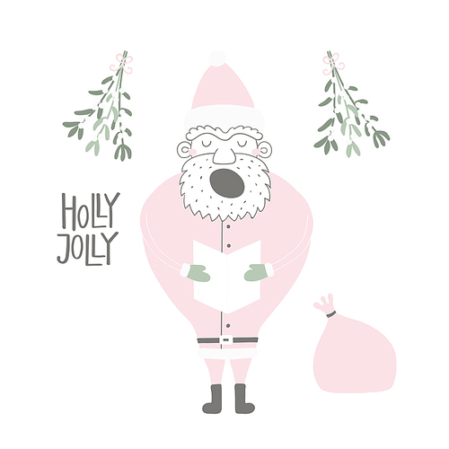Hand drawn vector illustration of a cute funny Santa Claus singing, with sack, lettering quote Holly jolly. Isolated objects on white . Flat style design. Concept for Christmas card, invite.
