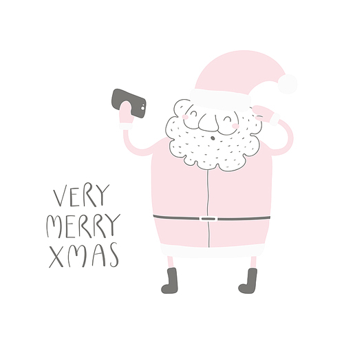 Hand drawn vector illustration of a funny Santa Claus taking selfie, with quote Very merry Xmas. Isolated objects on white . Flat style design. Concept for Christmas card, invite.