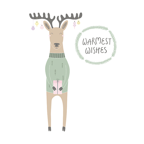 Hand drawn vector illustration of a cute funny reindeer with a present, ornaments, quote Warmest wishes. Isolated objects on white . Flat style design. Concept for Christmas card, invite.