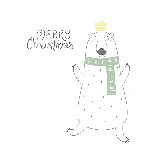 Hand drawn vector illustration of a cute funny polar bear in a scarf, with present, lettering quote Merry Christmas. Isolated objects on white . Flat style design. Concept for card, invite.