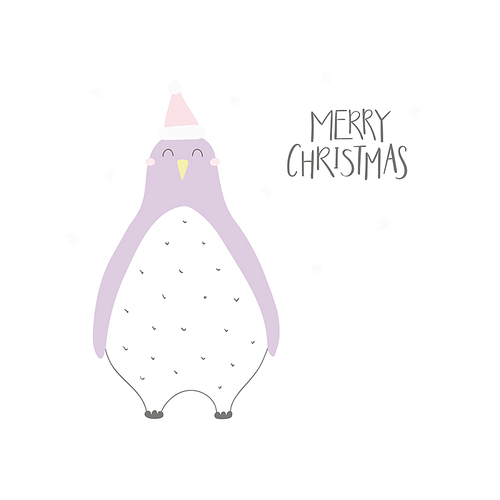Hand drawn vector illustration of a cute funny penguin in a Santa hat, with lettering quote Merry Christmas. Isolated objects on white . Flat style design. Concept for Christmas card, invite