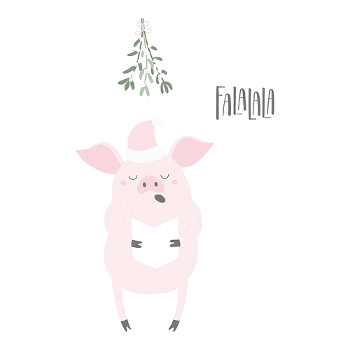 Hand drawn vector illustration of a cute funny pig in a Santa hat, singing, with lettering quote Falalala. Isolated objects on white . Flat style design. Concept for Christmas card, invite.
