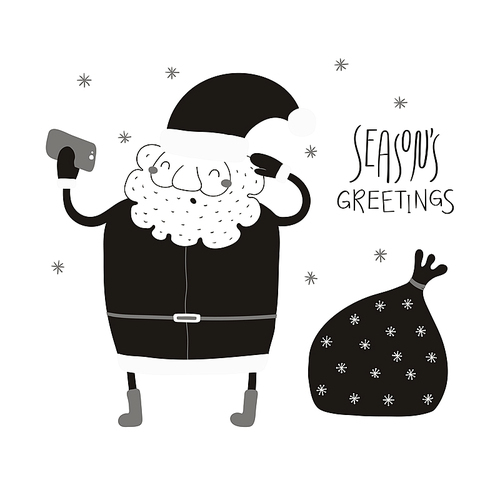 Hand drawn vector illustration of a funny Santa Claus taking selfie, with sack, quote Seasons greetings. Isolated objects on white . Flat style design. Concept for Christmas card, invite.