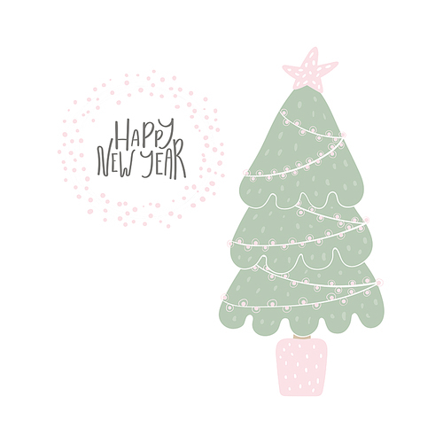 Hand drawn vector illustration of a cute decorated Christmas tree, with lettering quote Happy New Year. Isolated objects on white . Flat style design. Concept for card, invite.