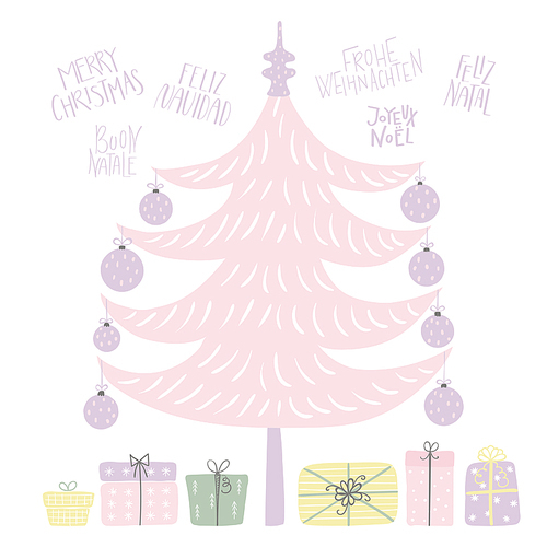 Hand drawn vector illustration of a cute decorated Christmas tree, with quotes Merry Christmas in different languages. Isolated objects on white . Flat style design. Concept for card, invite