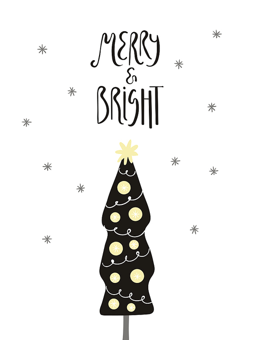 Hand drawn vector illustration of a cute decorated Christmas tree, with lettering quote Merry and bright. Isolated objects on white . Flat style design. Concept for card, invite.