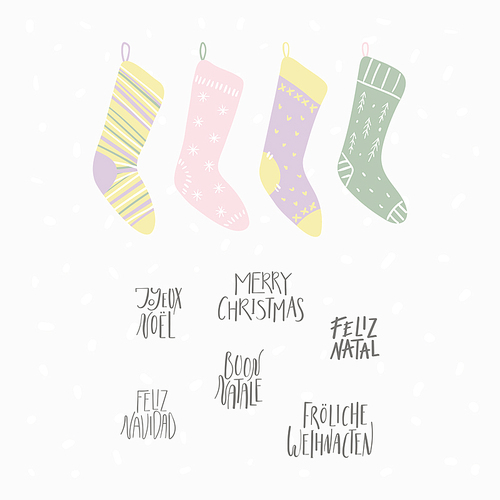 Hand drawn vector illustration of cute Christmas stockings, with quotes Merry Christmas in different languages. Isolated objects on white . Flat style design. Concept for card, invite.