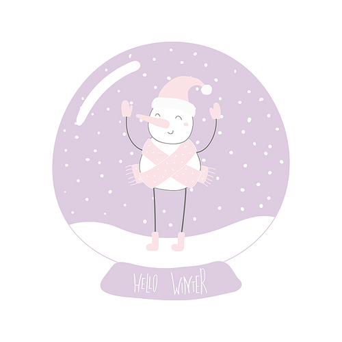 Hand drawn vector illustration of a cute funny snowman in a snow globe, with lettering quote Hello winter. Isolated objects on white . Flat style design. Concept for Christmas card, invite.