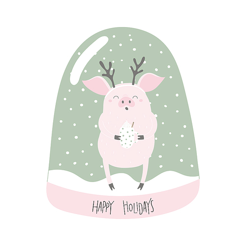 Hand drawn vector illustration of a cute funny pig in a snow globe, with lettering quote Happy holidays. Isolated objects on white . Flat style design. Concept for Christmas card, invite.