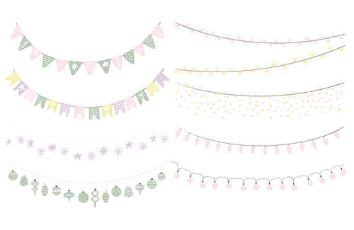 Set of cute hanging bunting, with flags, lights, decorations, stars, snowflakes. Isolated objects on white . Hand drawn vector illustration. Flat style design. Concept for Christmas.