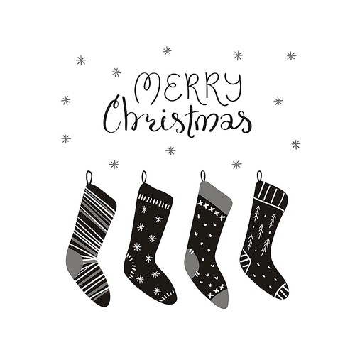 Hand drawn vector illustration of cute Christmas stockings, with lettering quote Merry Christmasr Isolated objects on white . Flat style design. Concept for card, invite.