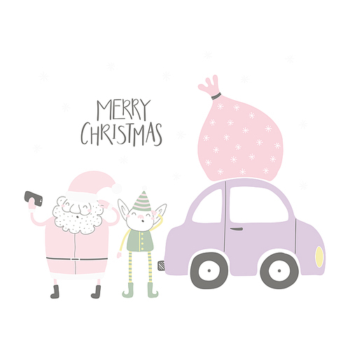 Hand drawn vector illustration of a cute funny Santa Claus, elf taking selfie, with car, sack, quote Merry Christmas. Isolated objects on white . Flat style design. Concept for card, invite.