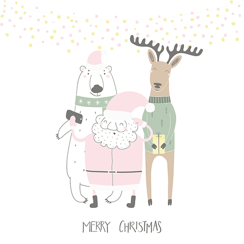 Hand drawn vector illustration of a cute funny Santa Claus, polar bear, deer taking selfie, with quote Merry Christmas. Isolated objects on white . Flat style design. Concept card, invite.