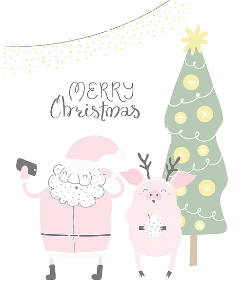 Hand drawn vector illustration of a cute funny Santa Claus, pig taking selfie, with quote Merry Christmas. Isolated objects on white . Flat style design. Concept for Christmas card, invite.