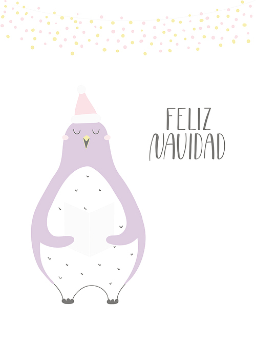 Hand drawn vector illustration of a cute funny singing penguin, with quote Feliz Navidad, Merry Christmas in Spanish. Isolated objects on white . Flat style design. Concept for card, invite.