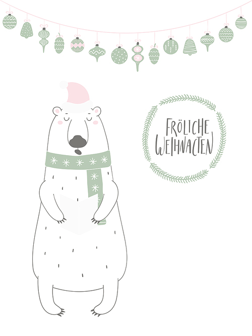 Hand drawn vector illustration of a funny singing polar bear, with quote Frohliche Weihnachten, Merry Christmas in German. Isolated objects on white . Flat style design. Concept card, invite