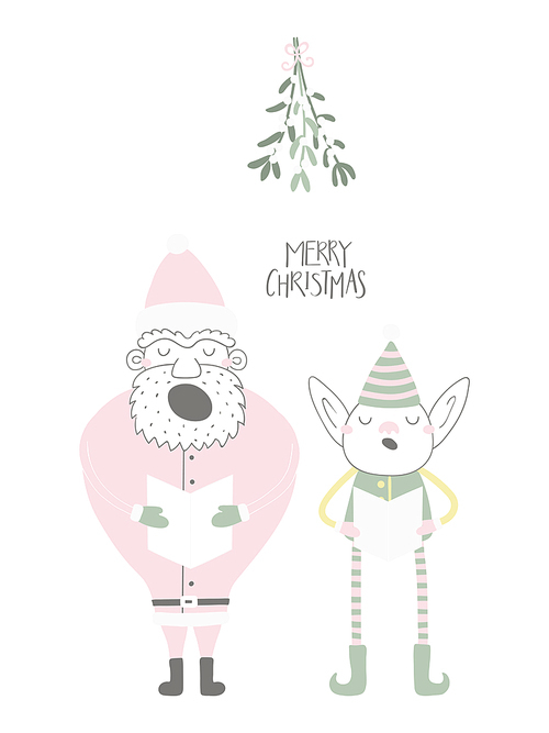 Hand drawn vector illustration of a cute funny singing Santa and elf, with quote Merry Christmas. Isolated objects on white . Flat style design. Concept for Christmas card, invite.