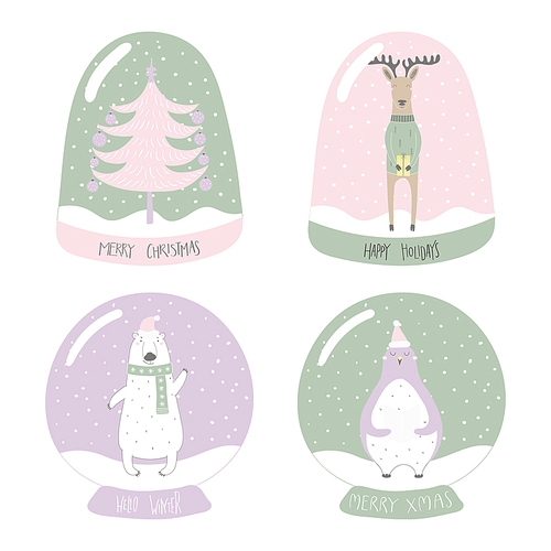 Set of snow globes with tree, deer, polar bear, penguin, lettering quotes. Isolated objects on white . Hand drawn vector illustration. Flat style design. Concept for Christmas card, invite.