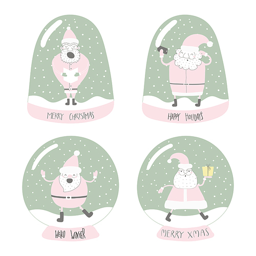 Set of snow globes with different Santa Clauses, with lettering quotes. Isolated objects on white . Hand drawn vector illustration. Flat style design. Concept for Christmas card, invite.