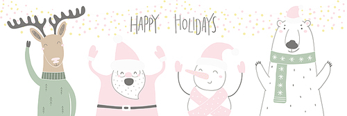 Hand drawn vector illustration of a cute funny Santa, deer, polar bear, snowman, with quote Happy holidays. Isolated objects on white . Flat style design. Concept for Christmas card, invite.