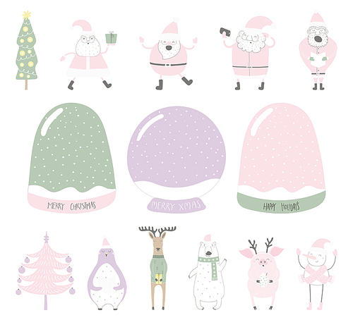 Set of empty snow globes, funny characters. Isolated objects on white . Hand drawn vector illustration. Flat style design. Diy creator. Element for Christmas card, invite.
