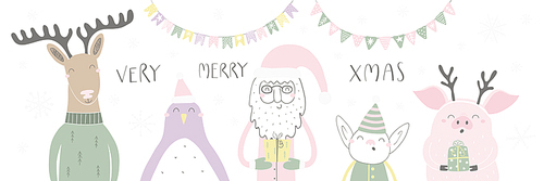 Hand drawn vector illustration of a cute funny Santa, deer, penguin, elf, pig, with quote Very Merry Xmas. Isolated objects on white . Flat style design. Concept for Christmas card, invite.
