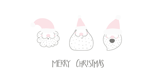 Hand drawn vector illustration of a cute funny different Santa faces, with lettering quote Merry Christmas. Isolated objects on white . Flat style design. Concept for Christmas card, invite.